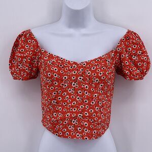 Vestique Sz M Smocked Crop Top Red Floral Off the Shoulder Peasant Style Juniors